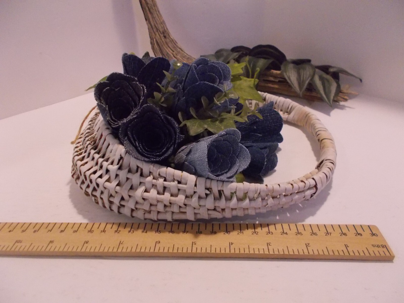 Handcrafted Wall Pocket Basket with 12 Denim Roses – Western Denim Rustic Decor