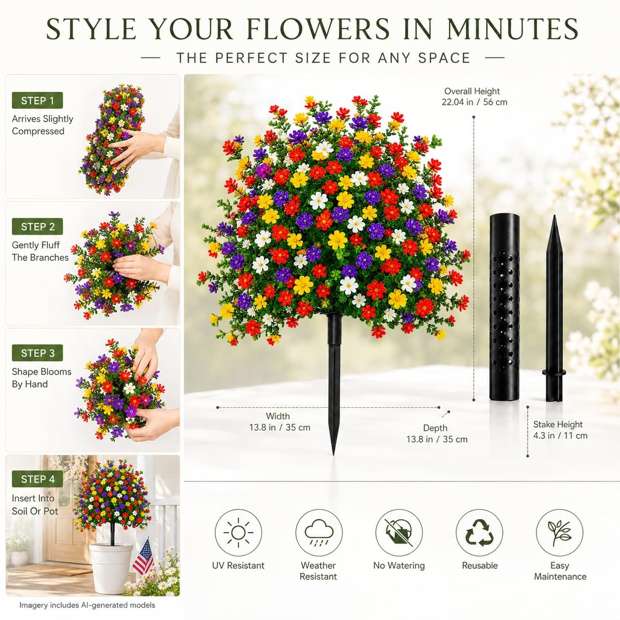 22″ Artificial Topiary Flowers, Artificial Flowers with Ground Stake, Artific…