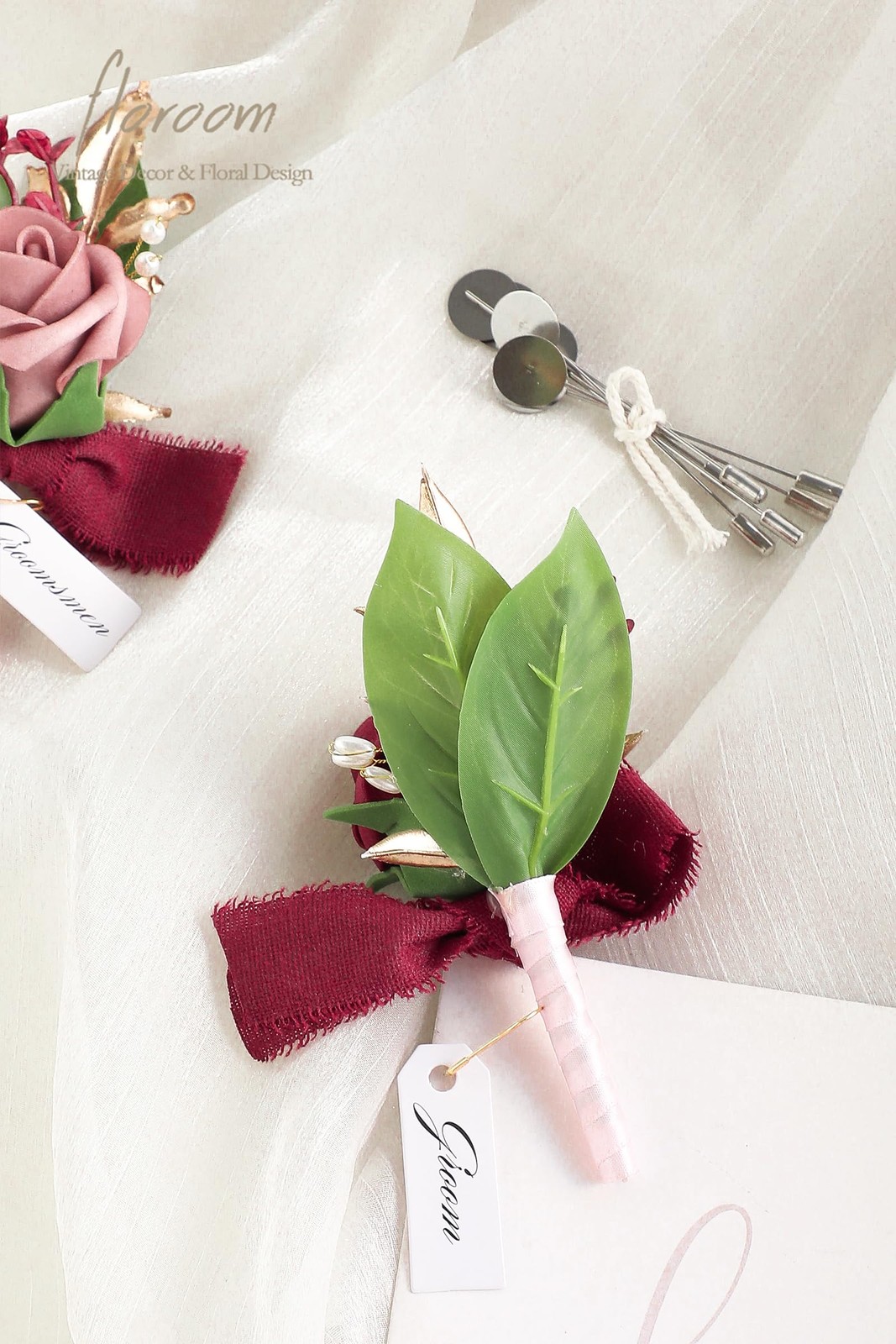 Dusty Rose Burgundy Foam Rose Wedding Boutonnieres With Pins 6 PCS