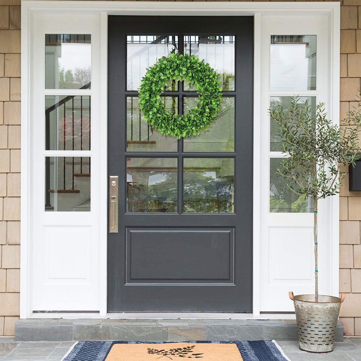 20″ Artificial Green Leaves Boxwood Wreath for Front Door Wall Farmhouse Decor