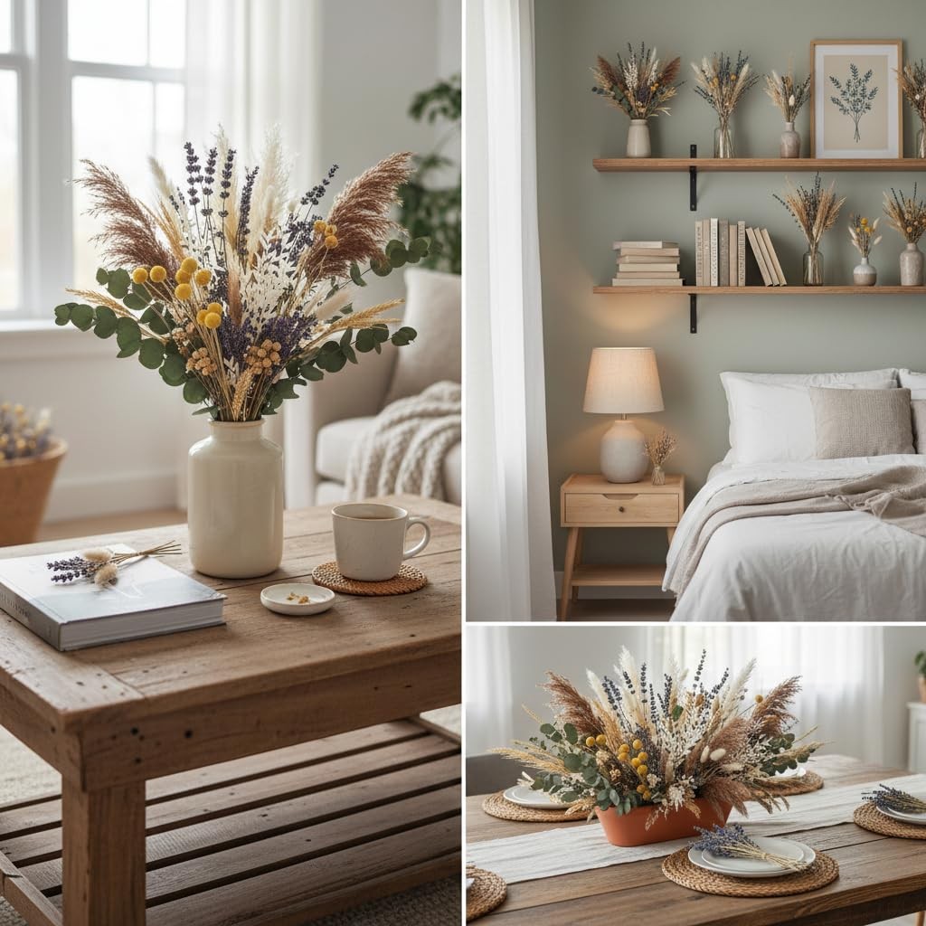 500PCS Dried Pampas Grass Bouquet – Boho Dried Flowers for Vase, White & Brow…