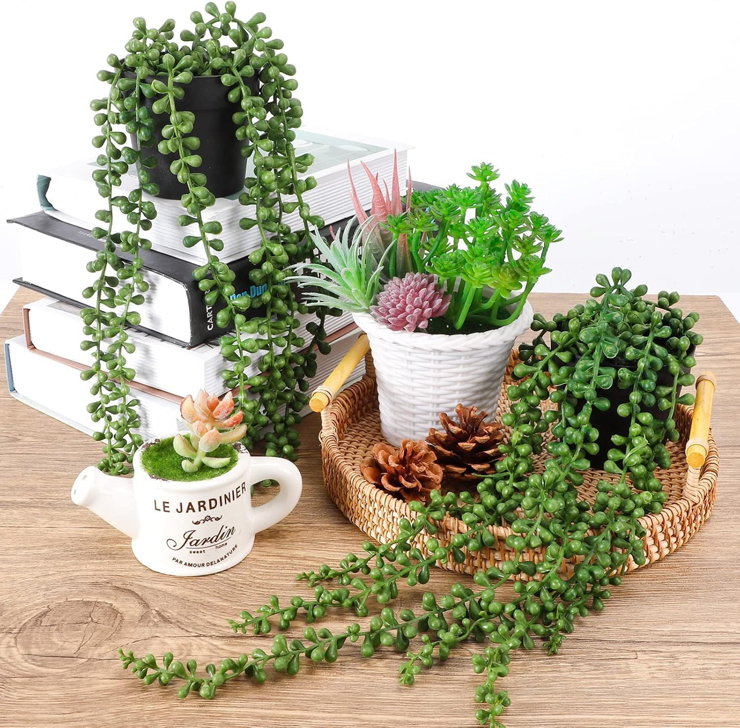String of Pearls Plant Artificial, 2Pcs Faux Plants Indoor in Black Pots, Realis