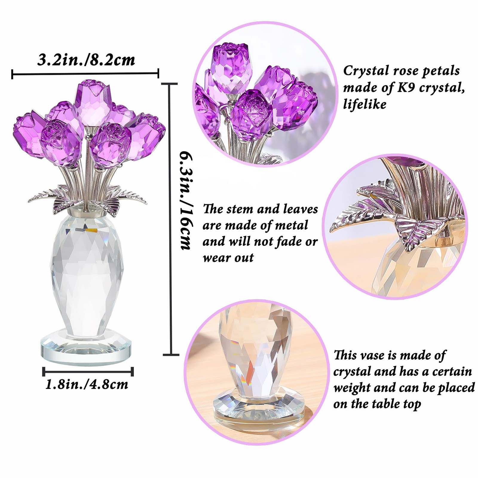 Handcrafted Crystal Purple Rose Figurine with Vase – Elegant Gift for Women