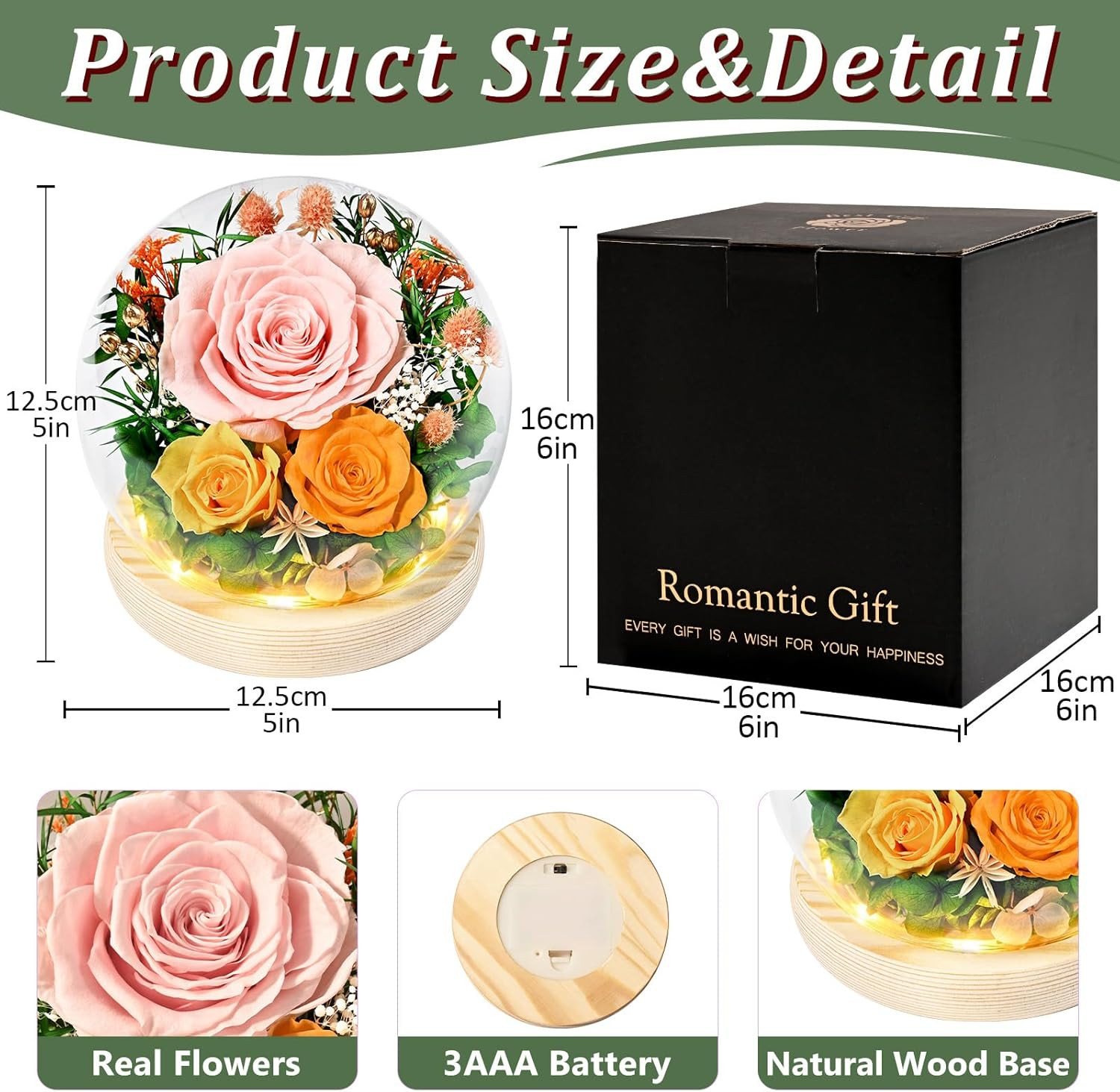 Roses Floral Decor For Mothers Day, Gift, In Glass Dome, Forever Fresh, Eternal