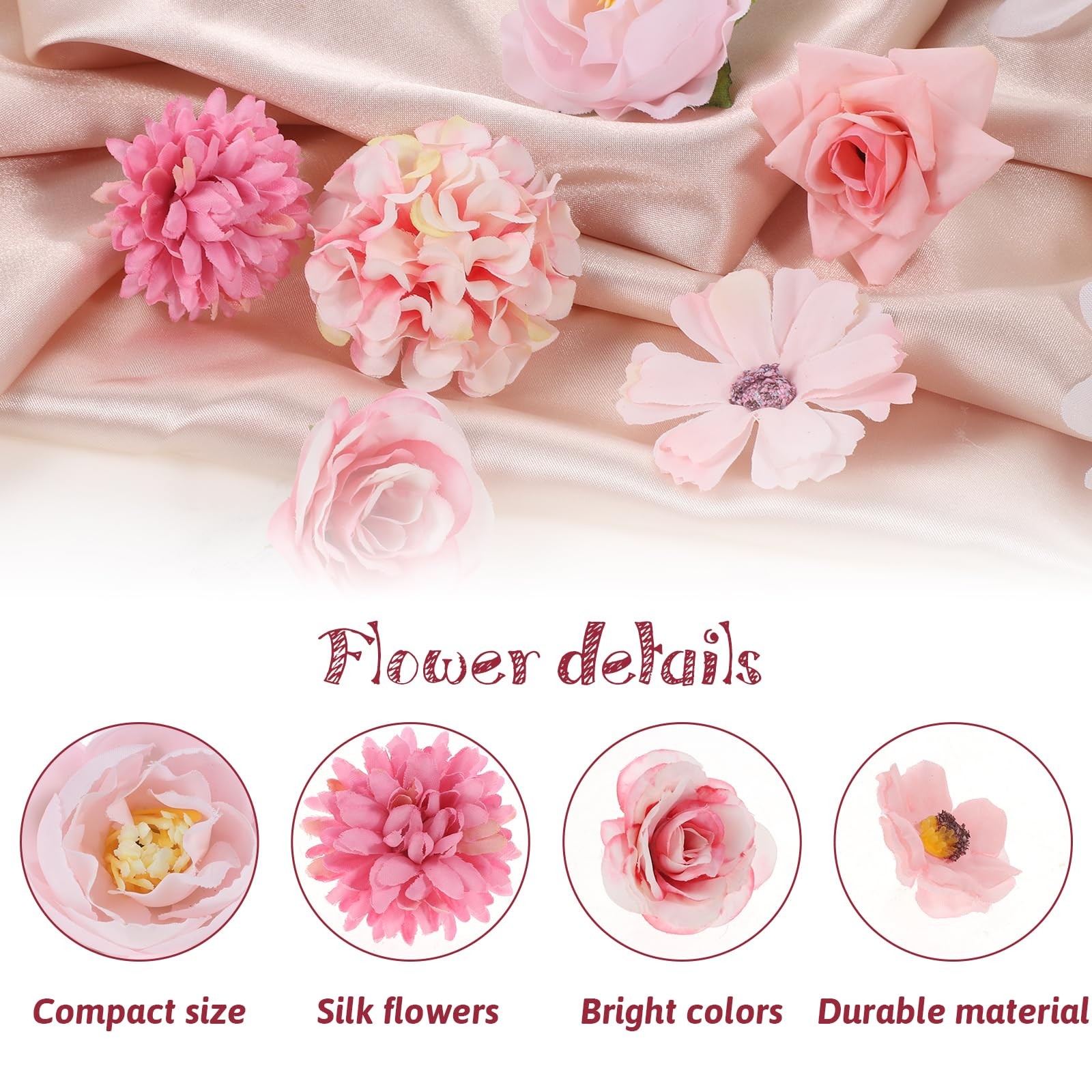 Mini Pink Fake Rose Flowers Silk Fabric Crafts DIY Faux Rose Heads 63 PCS