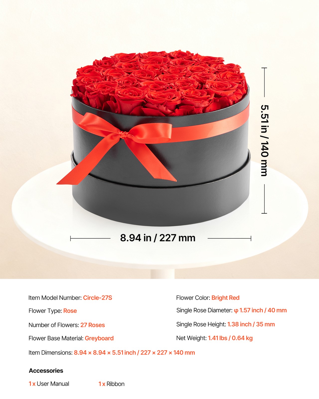 VEVOR Forever Flowers 27 Preserved Roses Round Box Eternal Bouquet Red