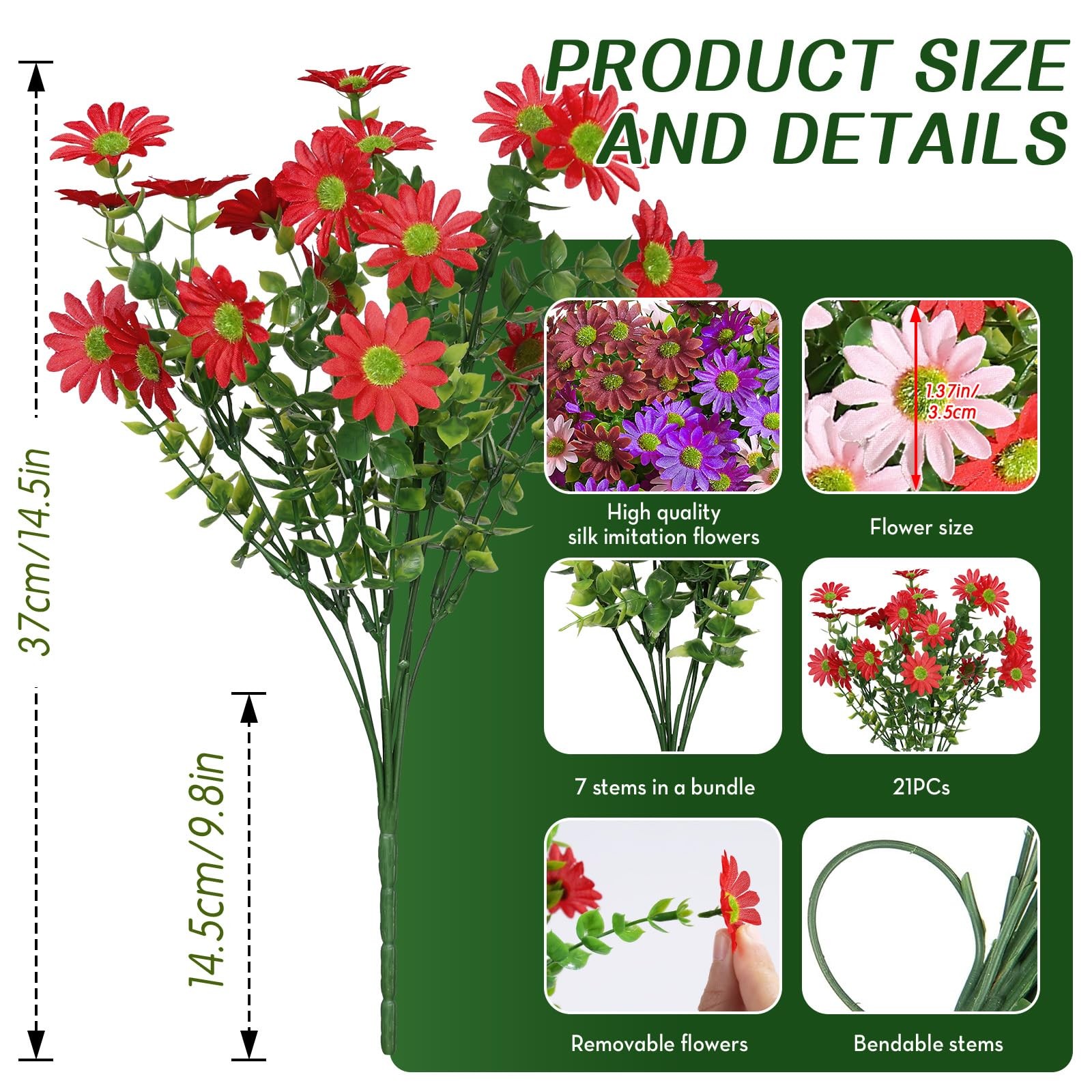Alupssuc 20 Bundles Artificial Daisies Red Purple Brown Pink Flowers