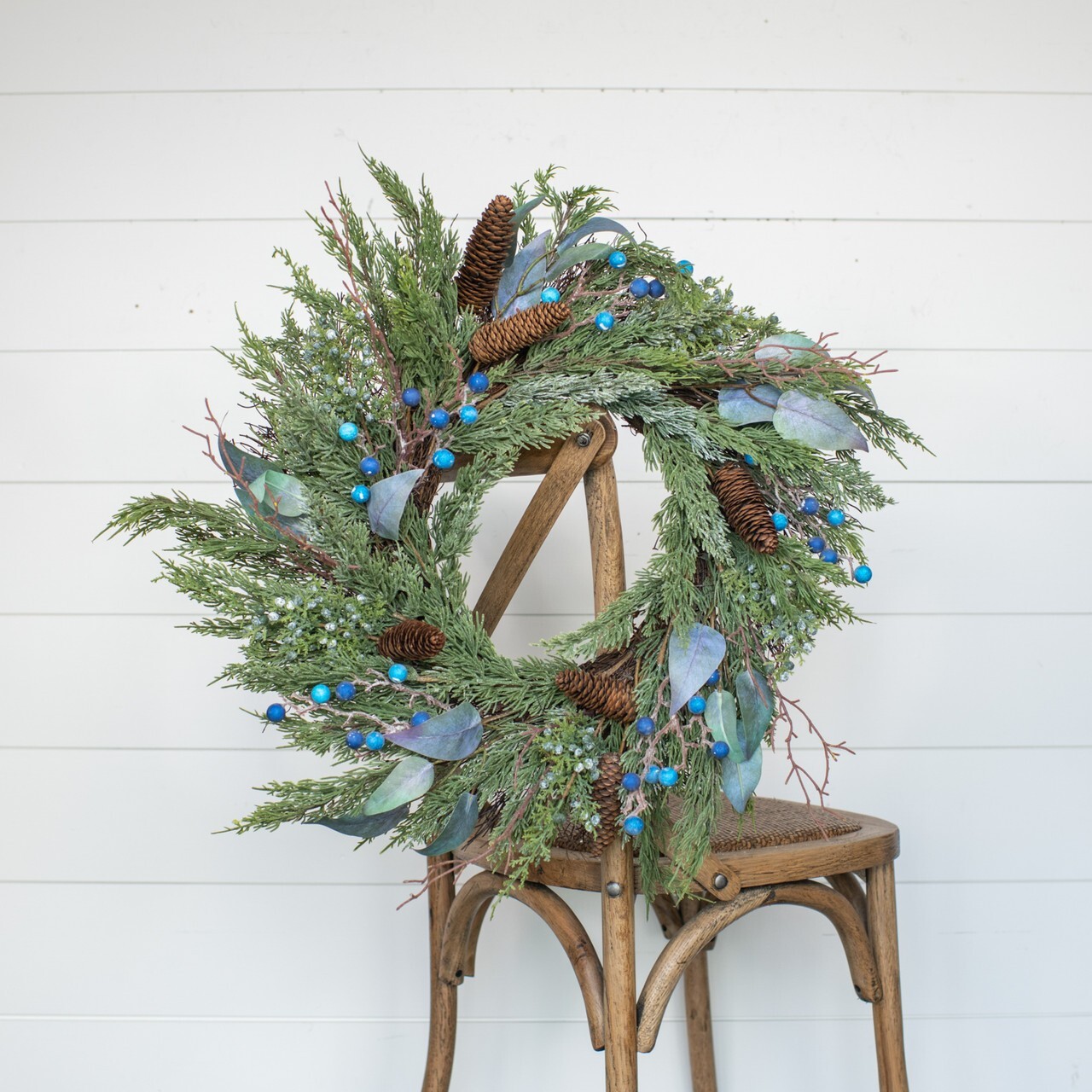 New Country Christmas FRENCH BLUE BERRY PINECONE WREATH Artificial Pine 26″