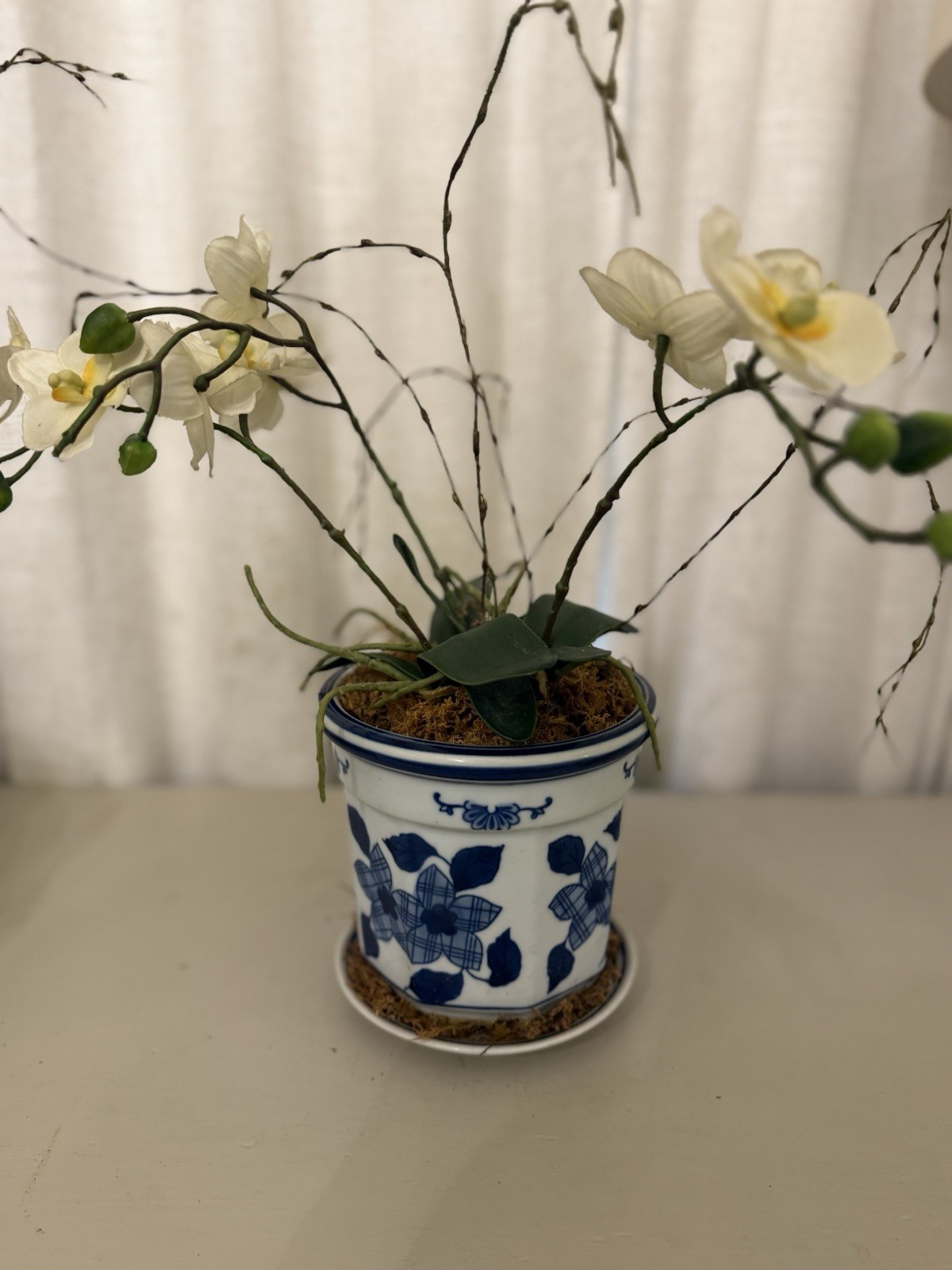 16″ Faux White Orchid Artificial Floral Arrangement Blue White Chinoiserie Pot