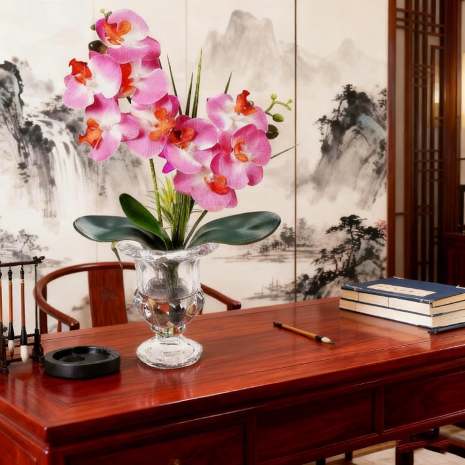 Artificial Purple Orchid Centerpiece, 14.5 Inch Phalaenopsis in Glass Vase wi…