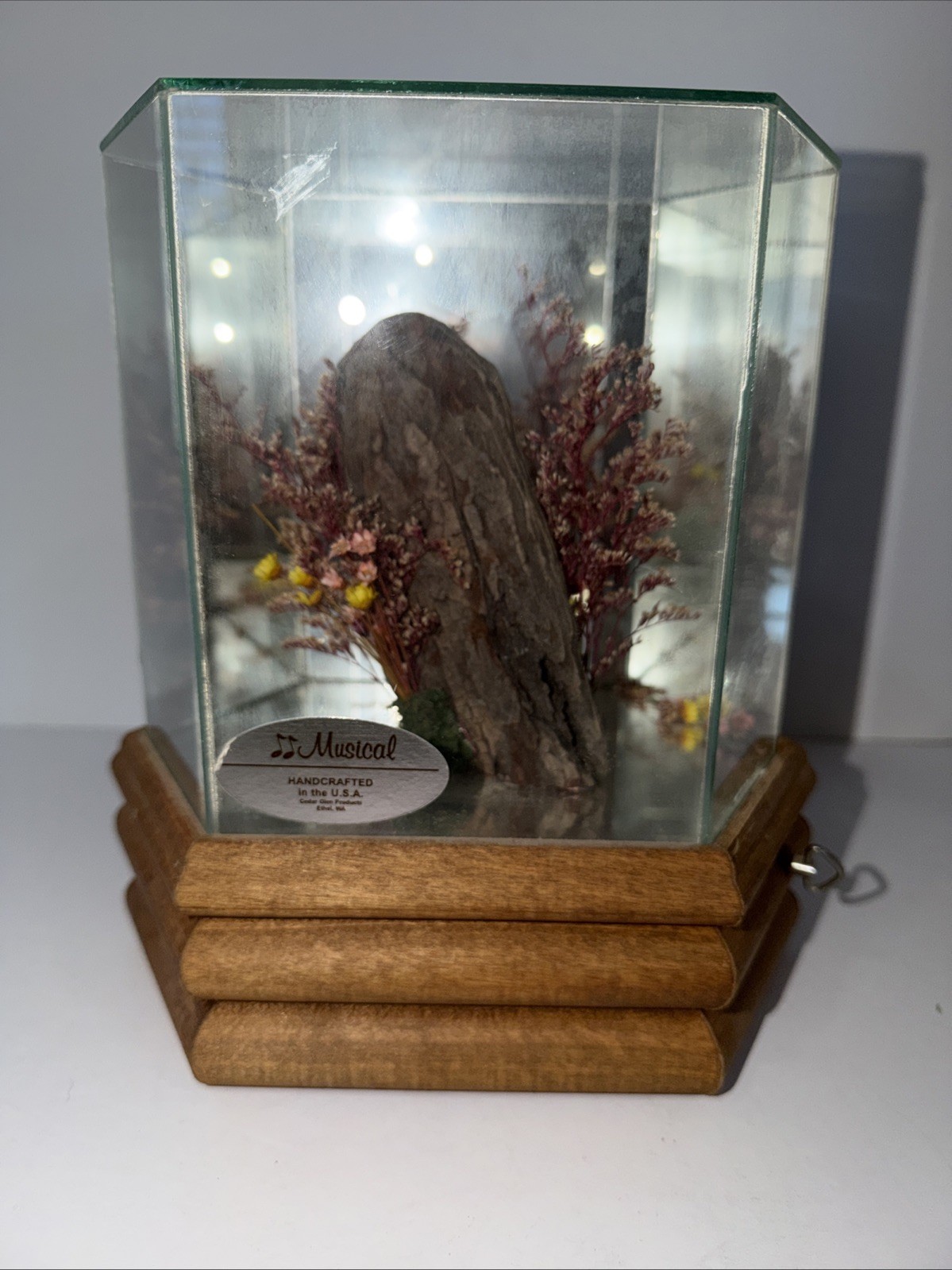 Vintage Artificial Flower And Tree Bark Glass Mirrored Music Box on Wood A Base.