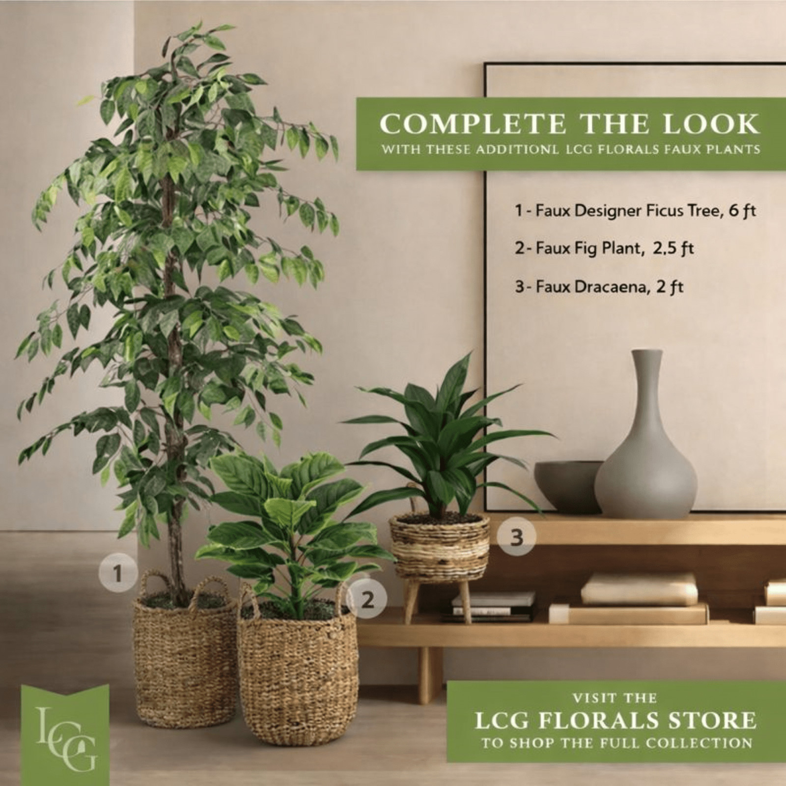 Artificial Plant, 2.5 ft Artificial Fig Plant in Handwoven Basket by LCG Florals