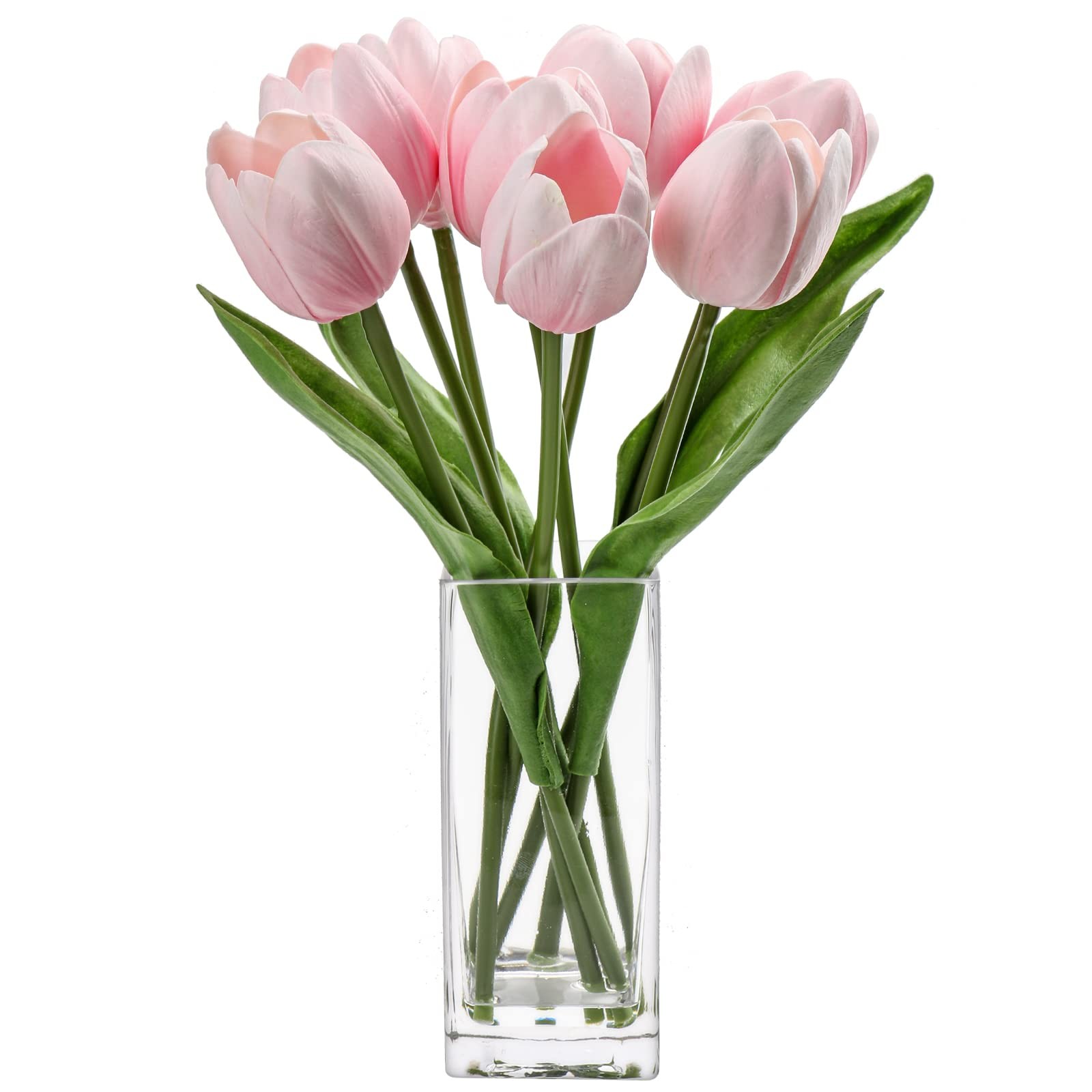 Pink Artificial Tulip Flower Fake Flowers Clear Vase Real Touch Arrangement