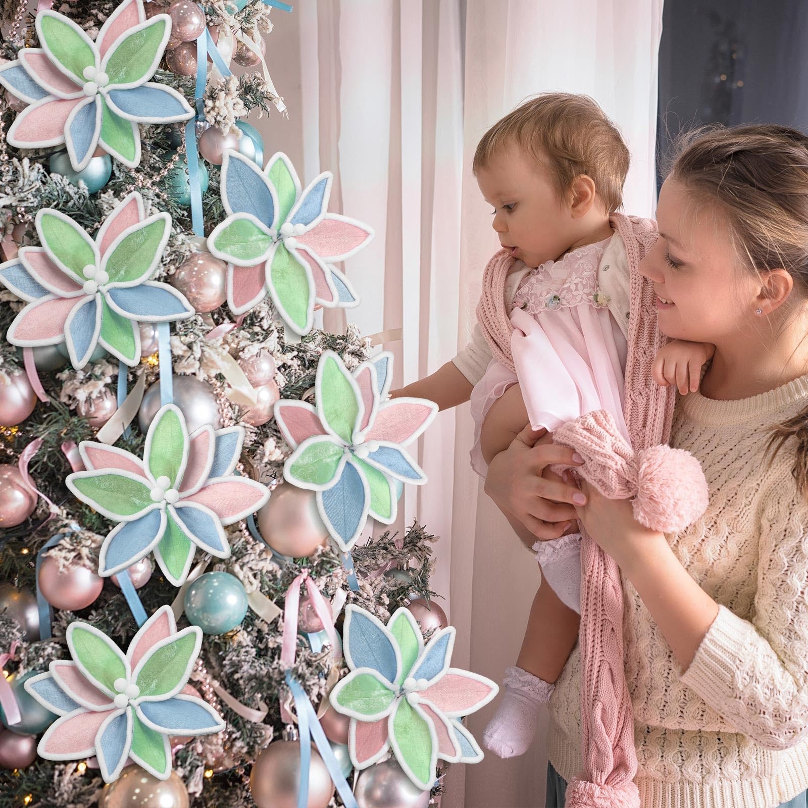 12 Pcs 12” Pastel Christmas Decor Candyland Christmas Poinsettia Tree Decora…