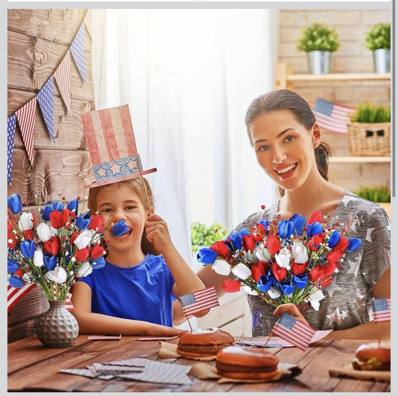 10 Pcs Patriotic Artificial Flowers Memorial Tulips Bouquet Fake Red White an…