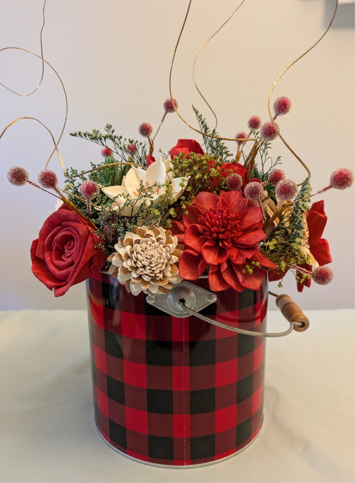 Sola Wood flowers large Christmas arrangement in red plaid tin can- hand made