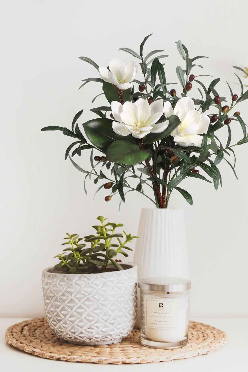 White Silk Magnolia Flowers with Olive Branches for Vases Real Touch White Fl…