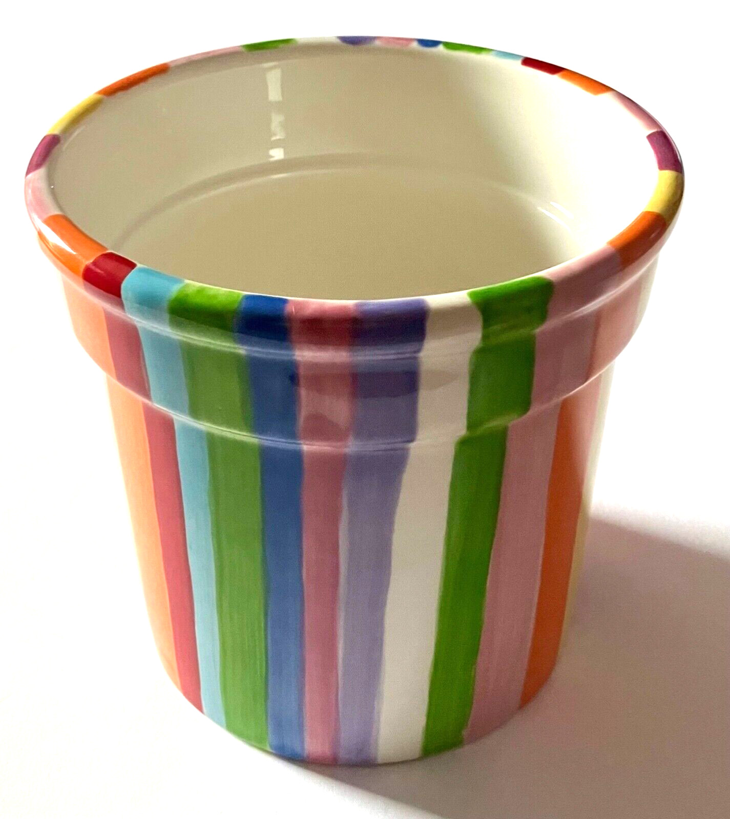 Rainbow Striped Flower Pot Vibrant Colors Happy & Bright 4.5 inch Glossy Bright