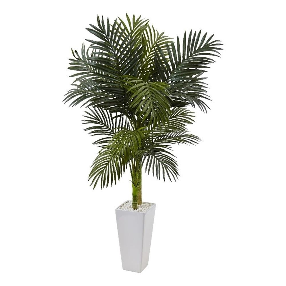 Nearly Natural 5ft Golden Cane Palm Artificial Tree in White Tower Planter