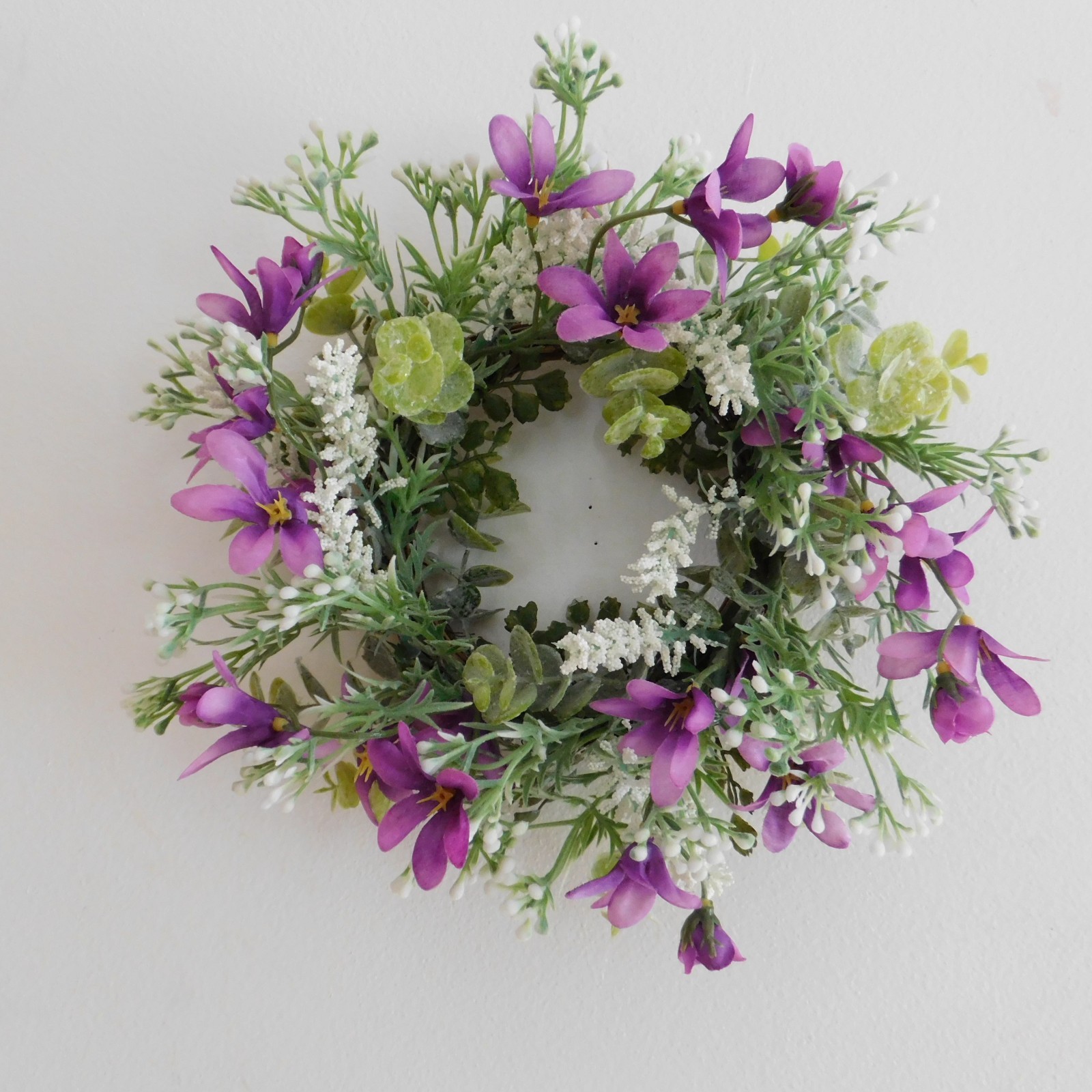 Dusty Miller Mini Wreath Eucalyptus Purple Flowers Candle Ring
