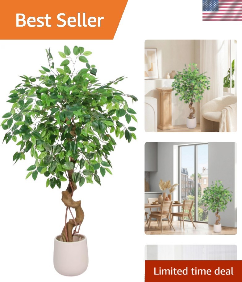 4FT Artificial Ficus Tree,Large Fake Tree with White Planter, Tall Faux Ficus…