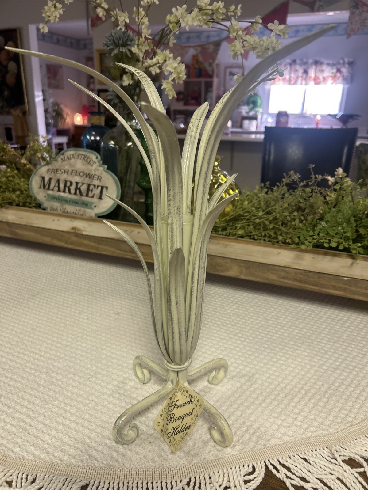 Vintage French Bouquet Holder Aged White Metal Displayer For Floral Cottage New