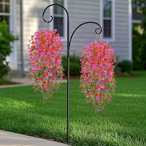 Fake Artificial Hanging Flowers for Outdoors Decoration, 2 PCS Faux Red Purple