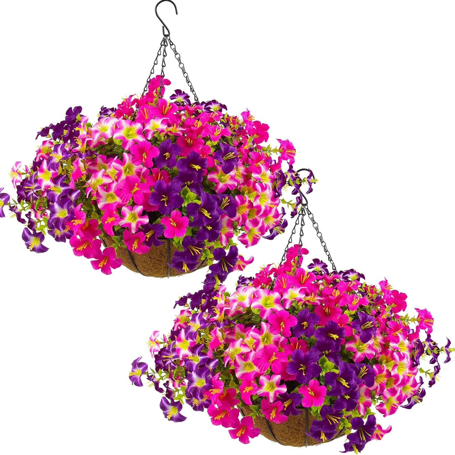 2 Set Artificial Outdoor Petunias Flowers with Hanging Baskets, 24 Pcs UV Resist