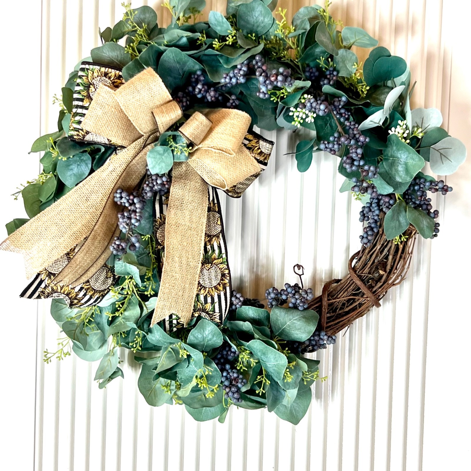 Everyday Farmhouse Silver Dollar Eucalyptus Wreath with Berries Handcrafted Home