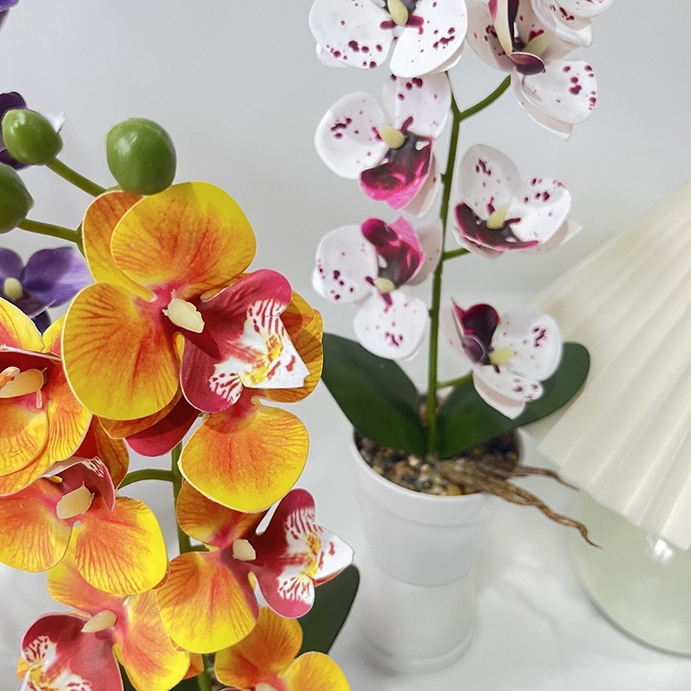 Life-Like 7-Bloom Artificial Orchid in Stylish White Stone Pot 11.81 in