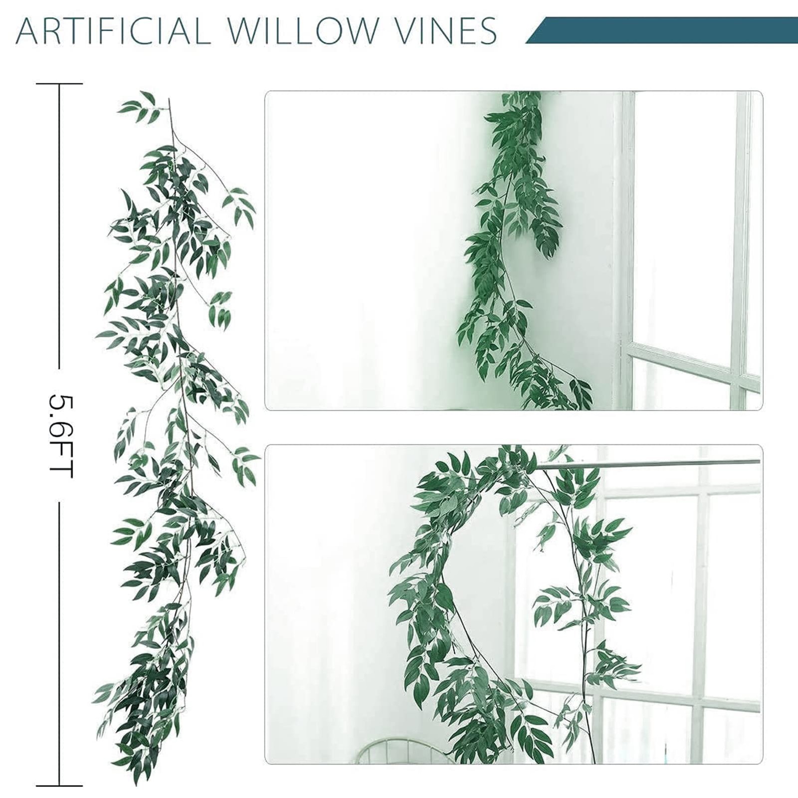 Fake Vines Greenery Garland – 5 Packs Total 28ft Green Willow Leaf Vine Garla…