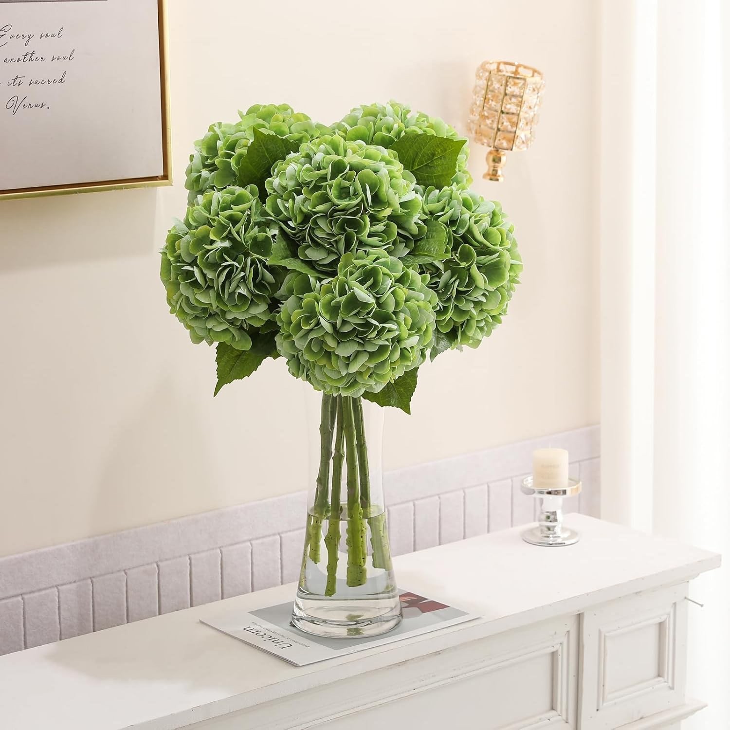 Kisflower 6PCS 22 inch Hydrangea Artificial Flowers Real Touch Green Faux