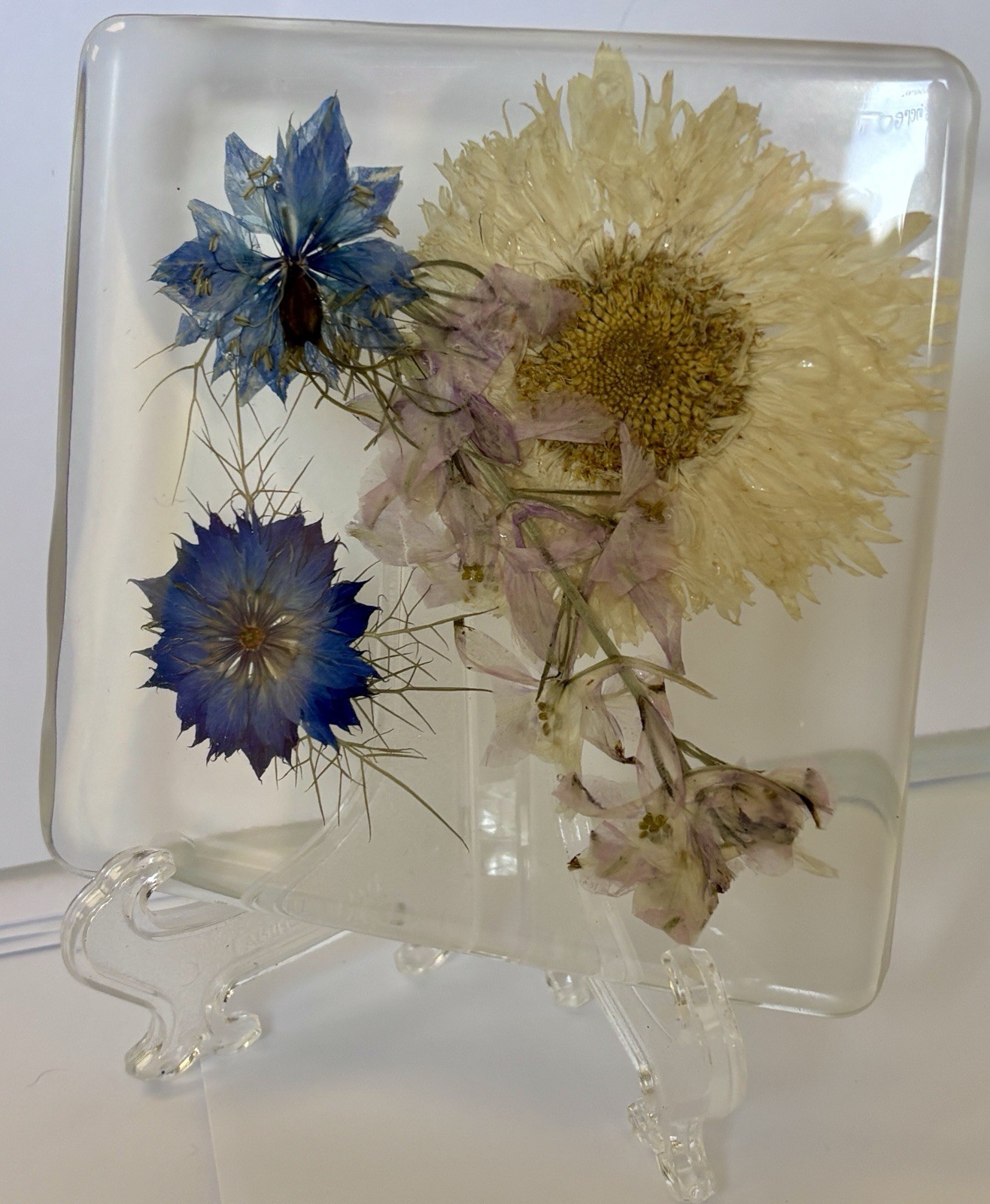Pressed Flower Resin Block Art Blue Floral Desk Display Decor 3.5 X 3.5 Boho