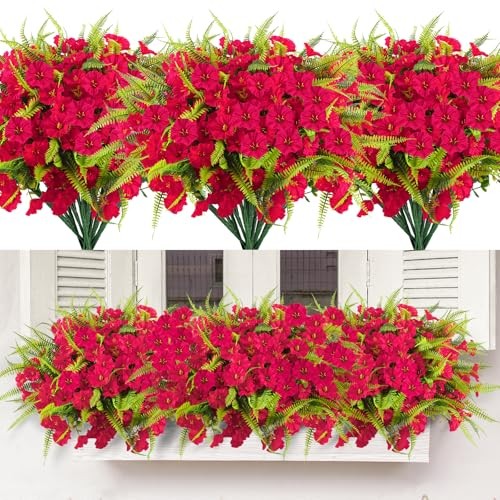 Spring Artificial Flowers Outdoors Artificial Petunias Fake 12 Bundles Rose Red