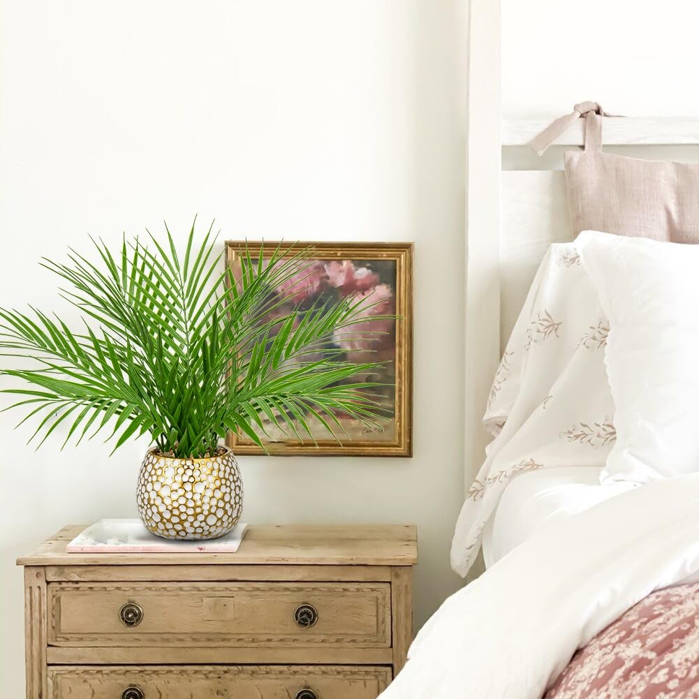 Fake Plants 15” Faux Palm Plant in Gold-White Pot | Realistic Tropical Artif…