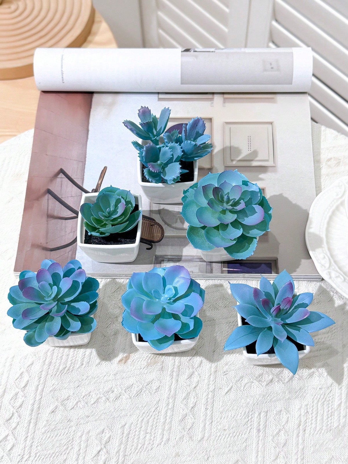 6PCS Artificial Blue Green Succulents 250243ZH6 in White Pots Home Decor