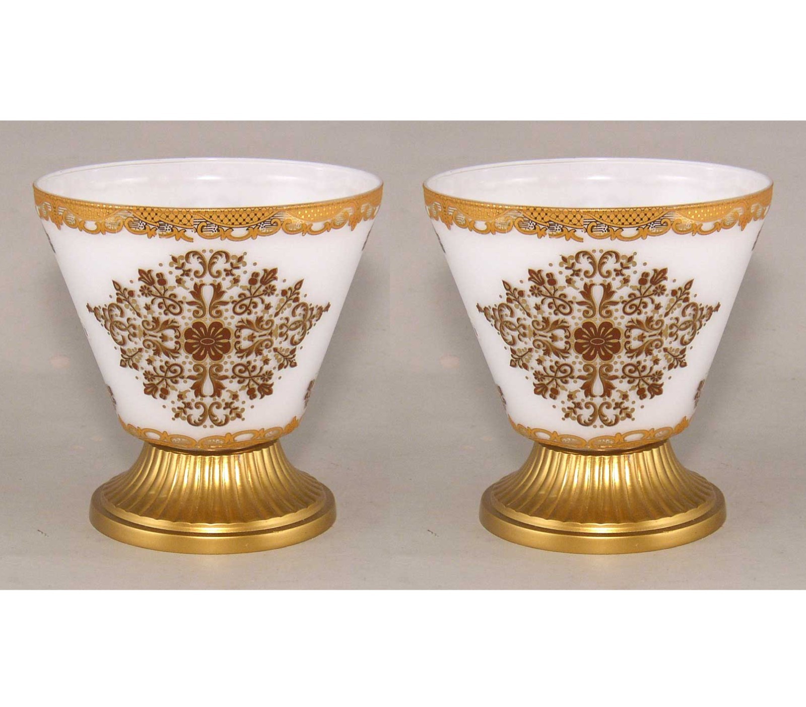 Compote Bowl 6″D 6.25″Hi Set/2 Printed WHITE Color Glass Metl Base FREE SHIPPING