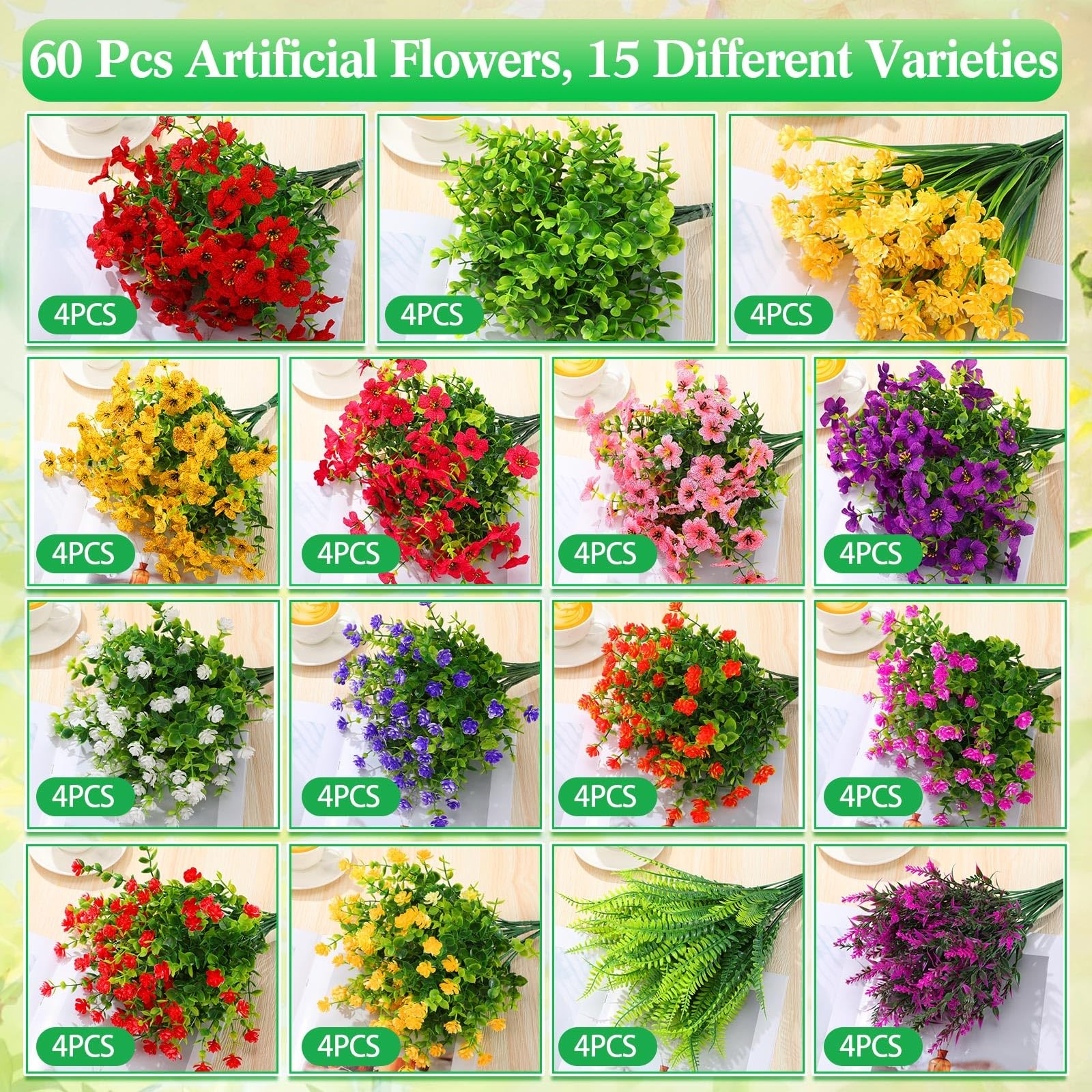 60 Bundles Outdoor Artificial Flowers Bulk: Artificial Plants 15 Styles UV Re…