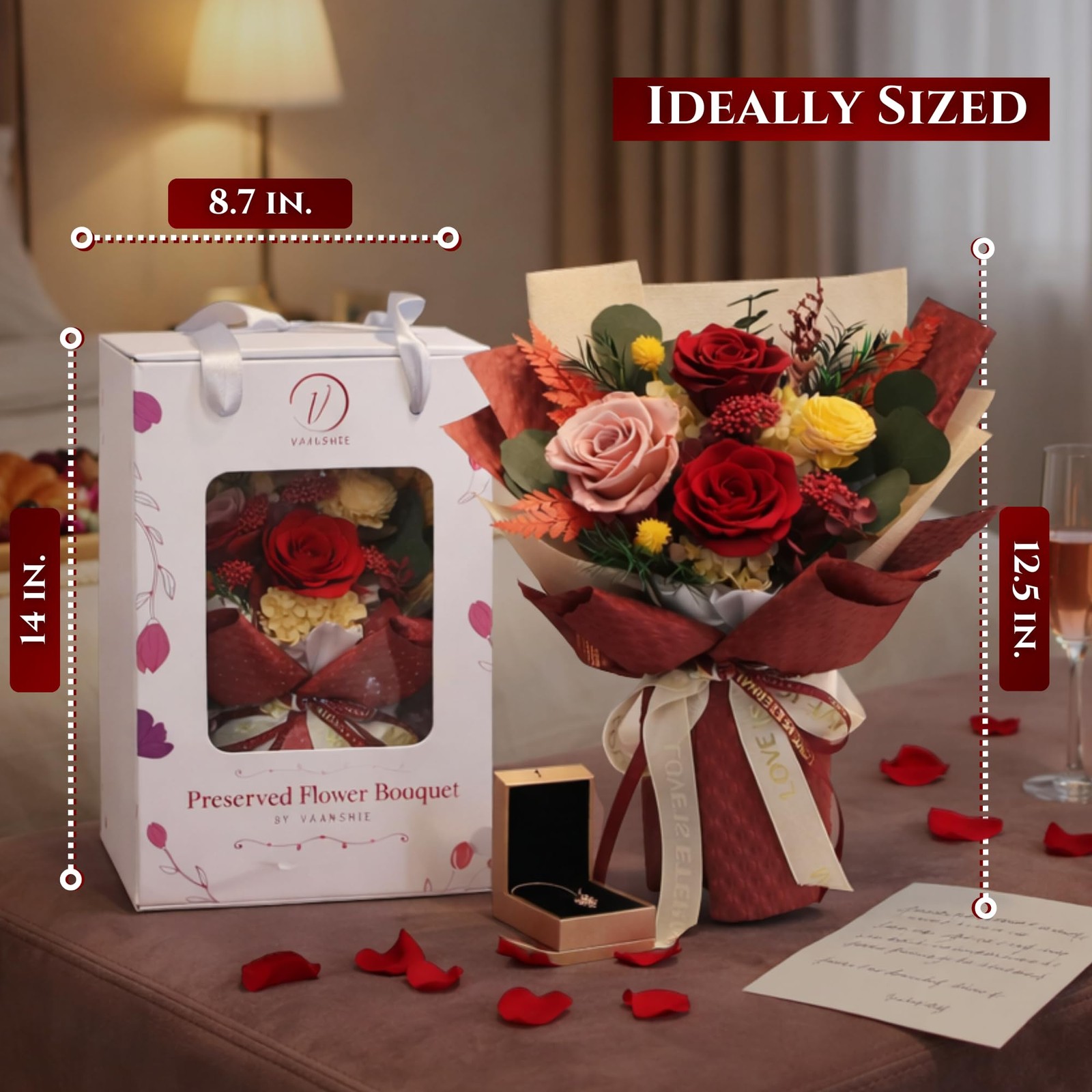 Red Preserved Roses Vase Forever Flowers Deep Red Bouquet Womens Gifts Decor
