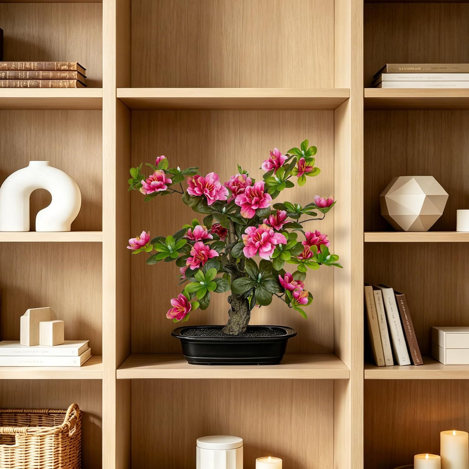 15.7″ Pink Artificial Azalea Bonsai Tree – Faux Floral Home Decor Centerpiece