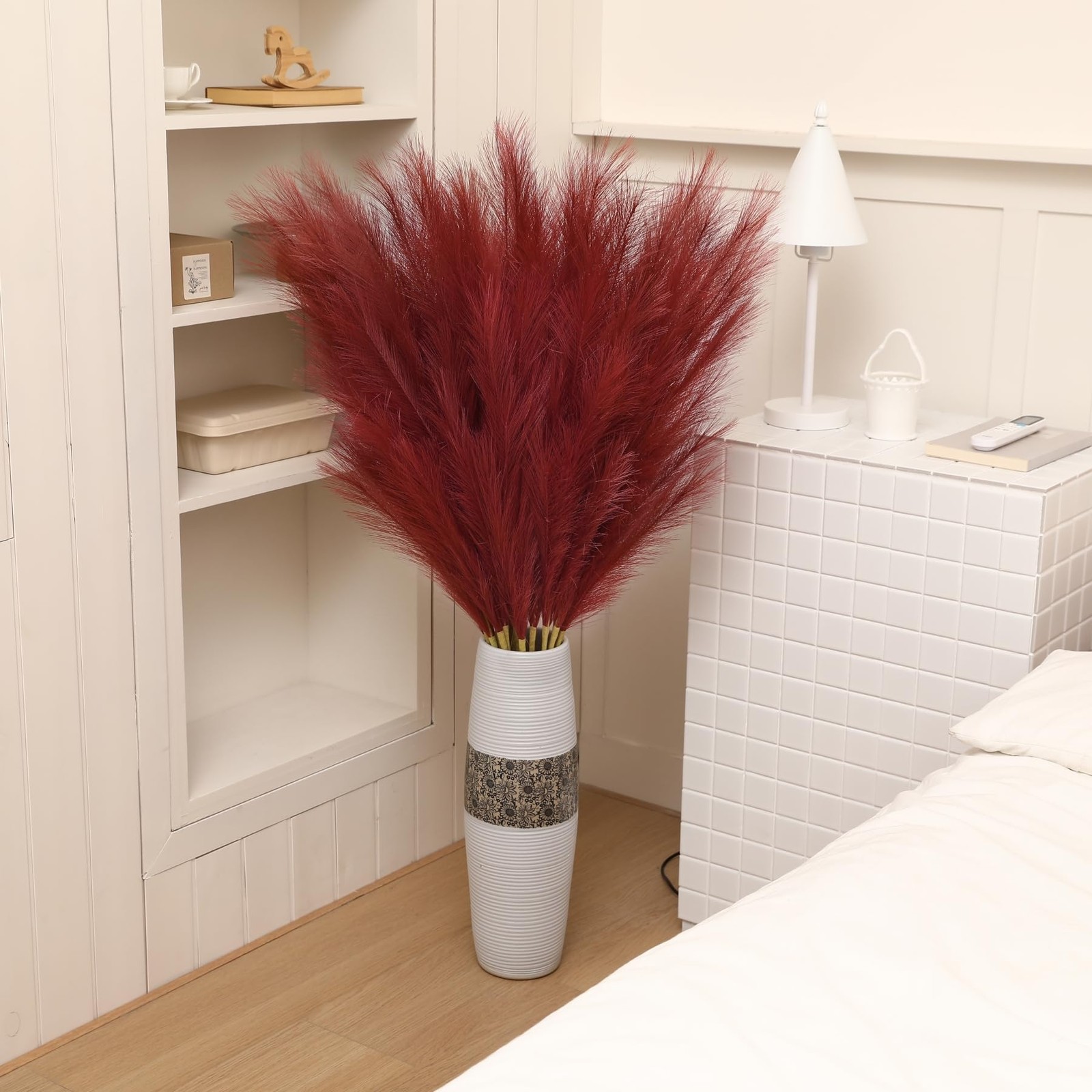 8 PCS Burgundy Pampas Grass Decor 45 Inch Tall Faux Pompous Artificial Vase