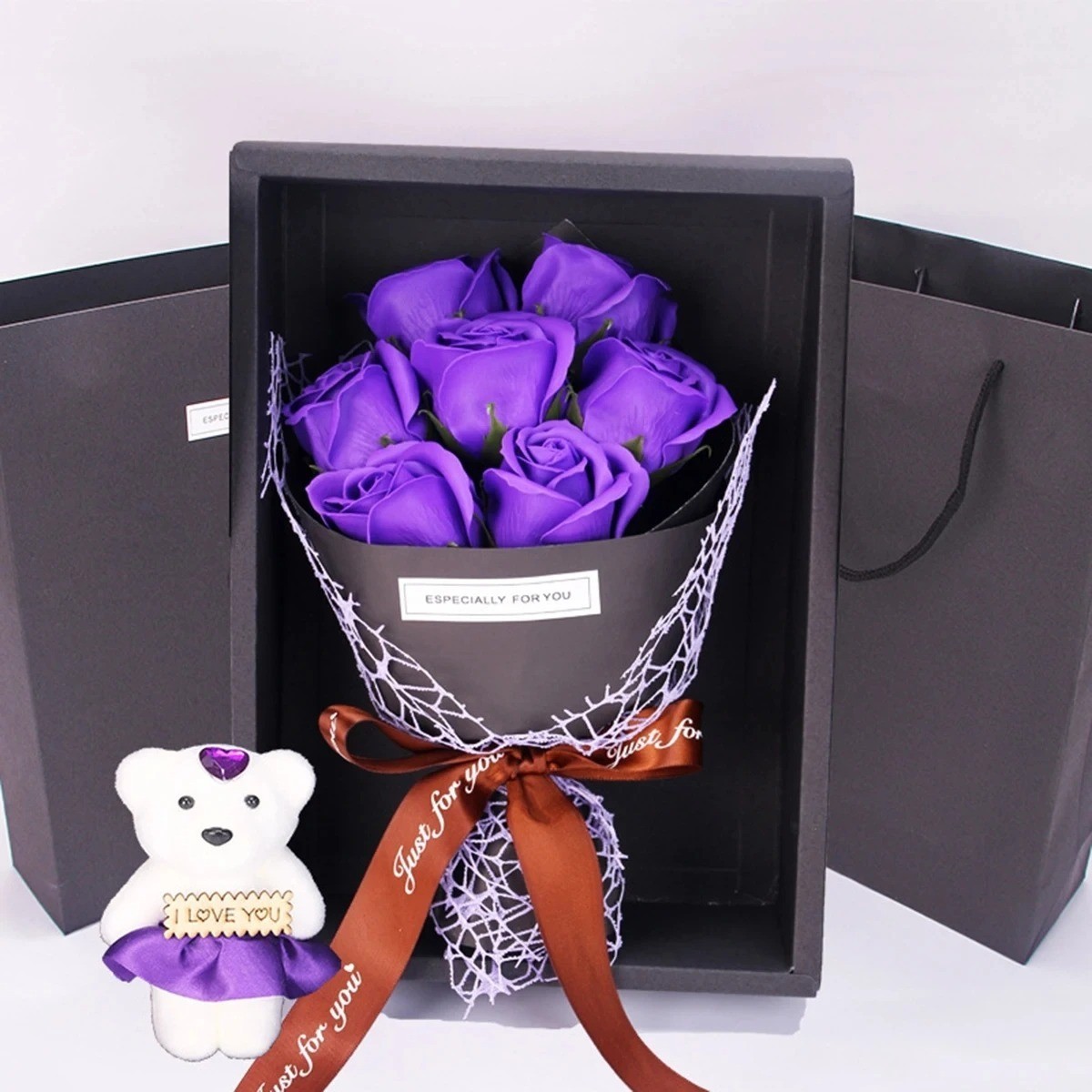 7 Rose Soap Flower Bouquet Bear Gift Box Valentine Birthday Mother’s Day Gift