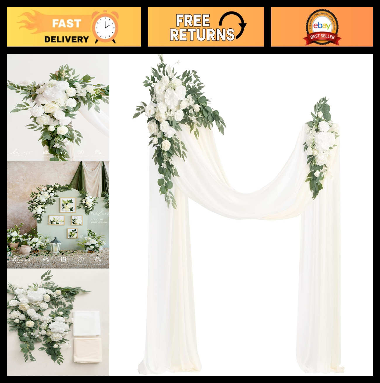 Artificial Wedding Arch Flowers Kit – 4pcs Hanging Silk Arrangements & Chiffon D