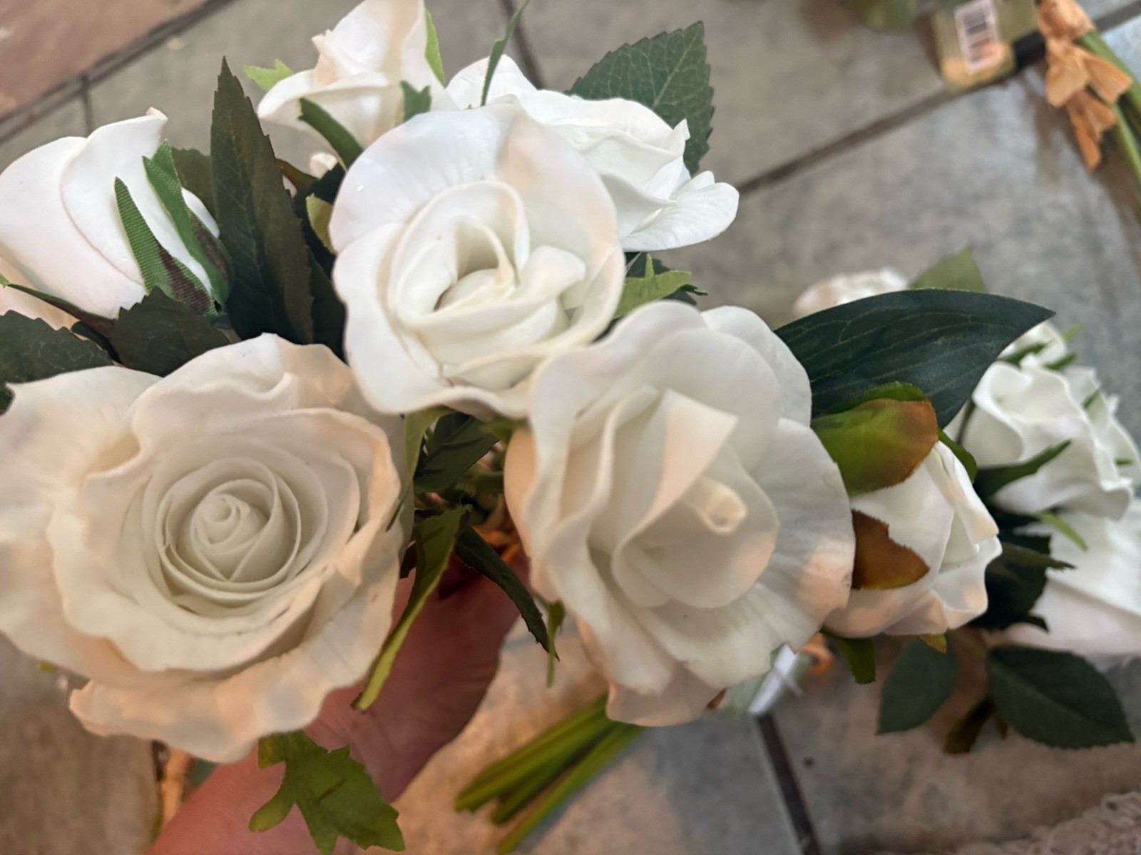 Lot of 4 Bouquets 13”Real Touch White Roses Wired Artificial Flowers Latex 34PC