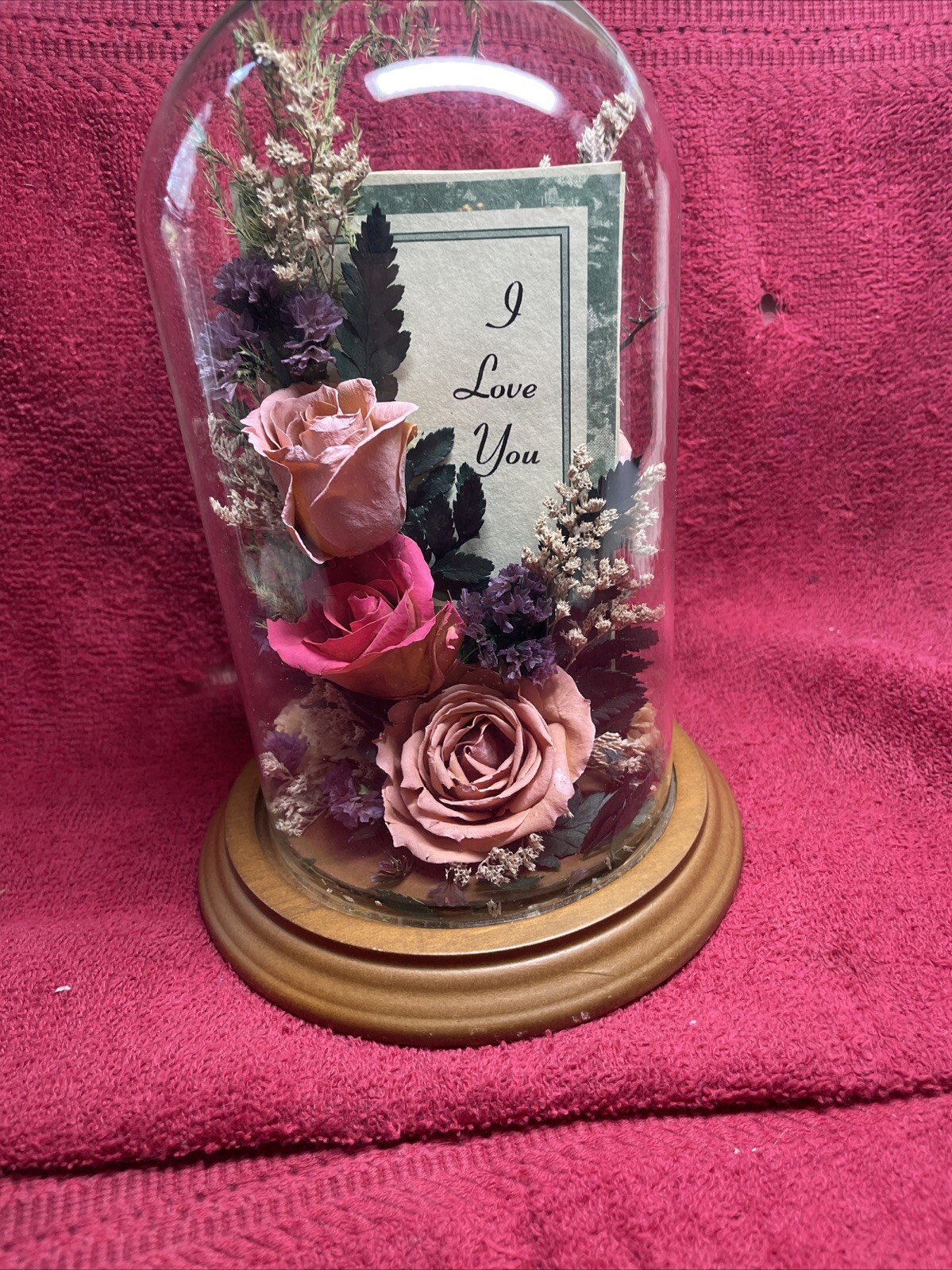 Vintage Dried Red Roses Flower Arrangement Preserved in 7.5” Glass Dome