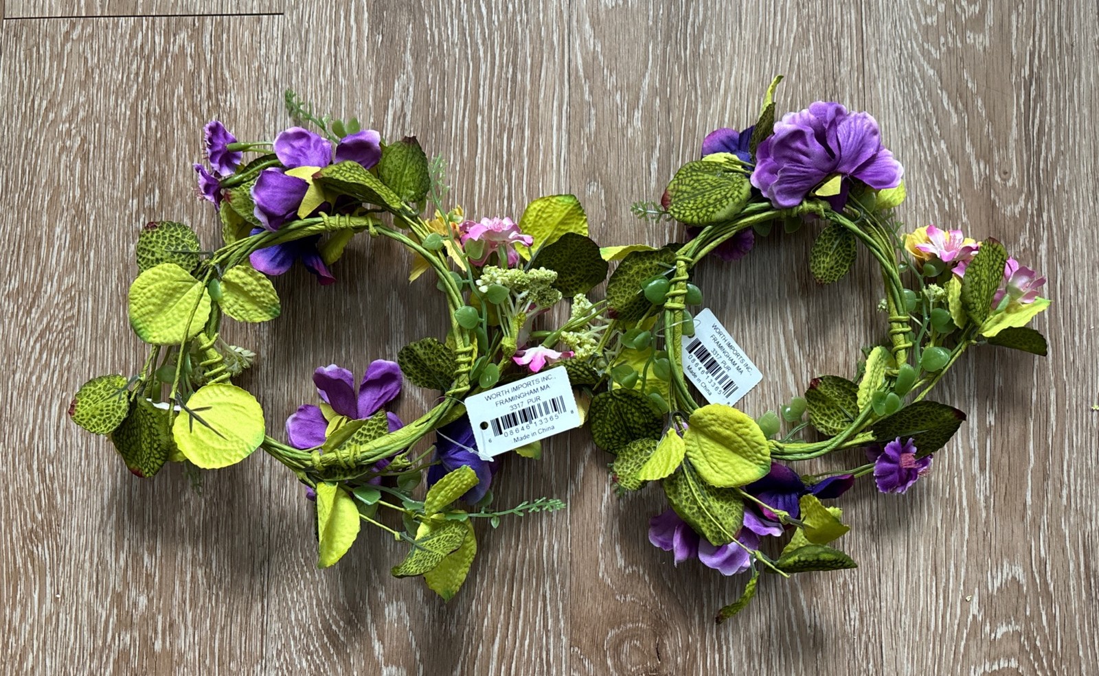 Set of 2 faux floral candle wreath/rings. Green/purple/pink/yellow, 4” ring