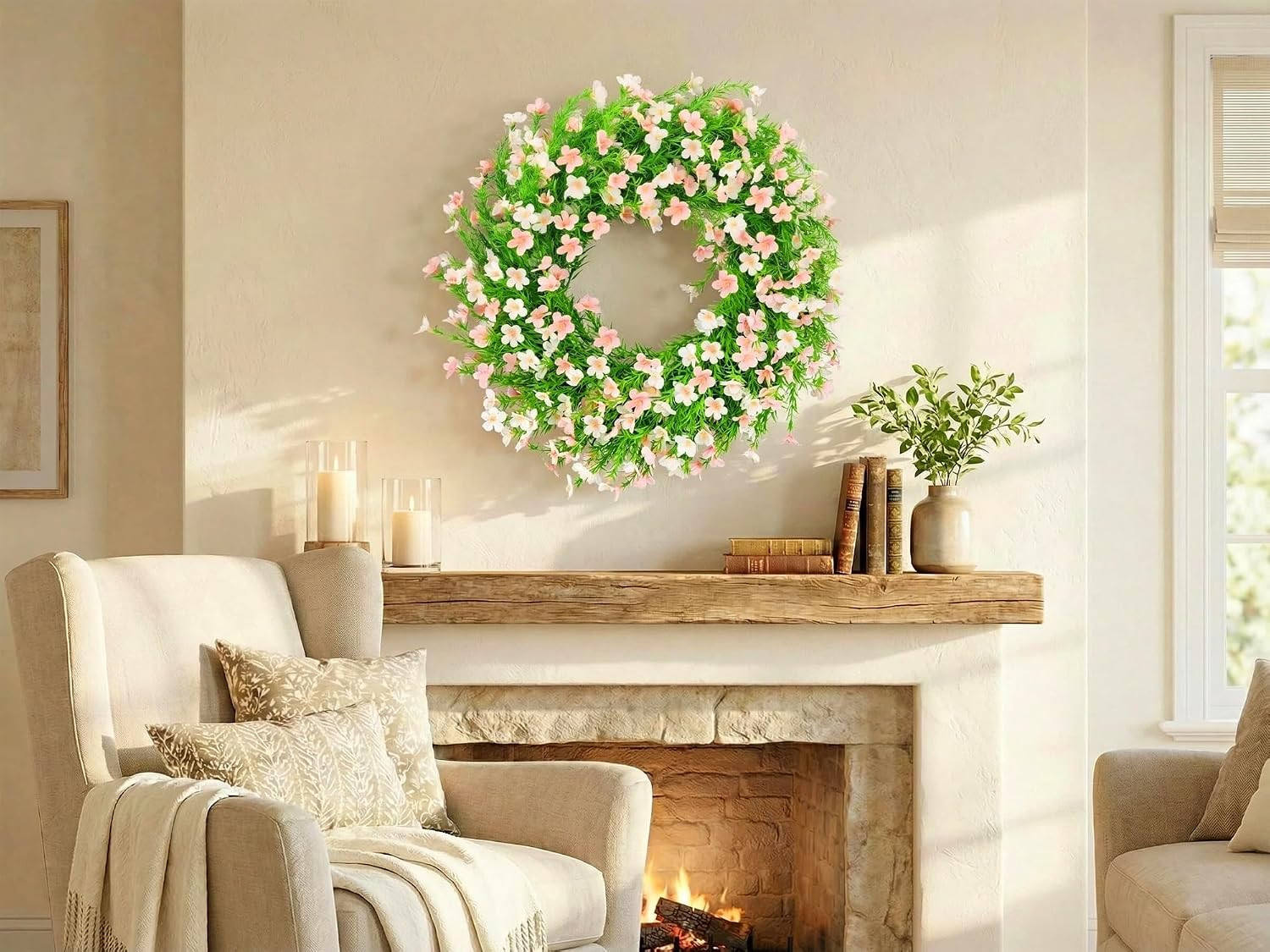 24 Inch Whitepink Artificial Forsythia Silk Front Door Wreath | Beautiful Whitep