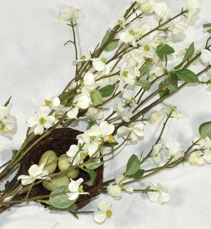 Pottery Barn Faux Dogwood Branch w/ Nest & Eggs Artificial Flowers 38″ Stem NEW