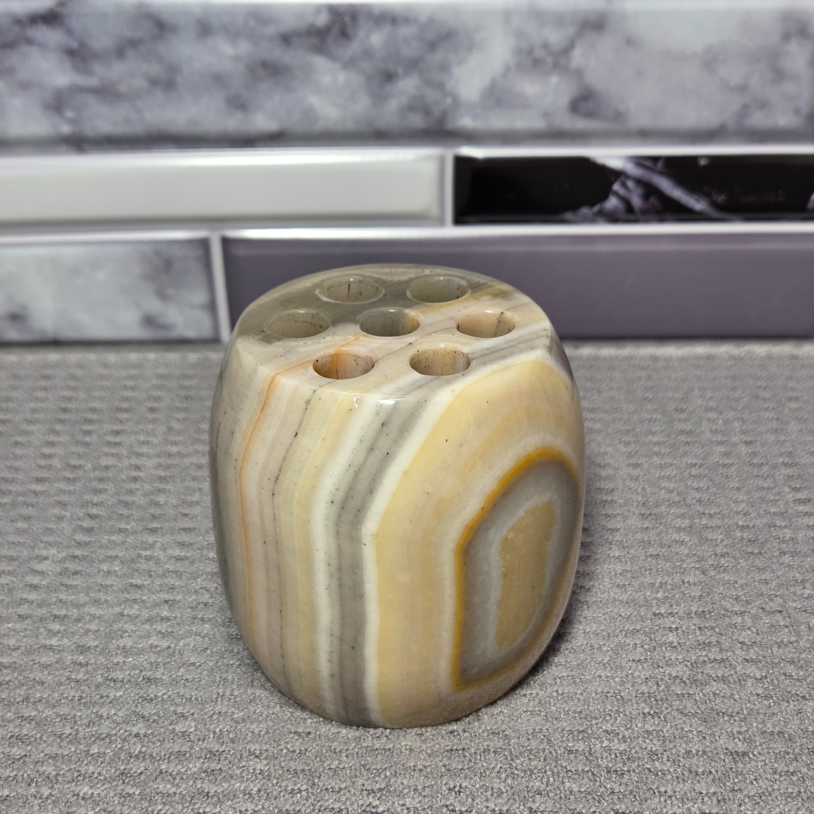Flower Frog Round Marble Stone Onyx Alabaster 7 Holes Gray Cream Gold Colors