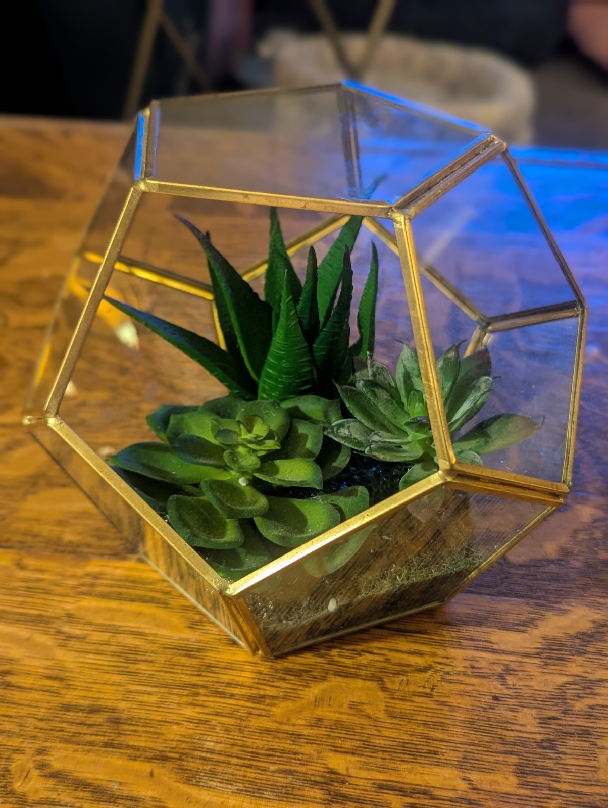 Glass And Brass Terrarium With Faux Plants Small
